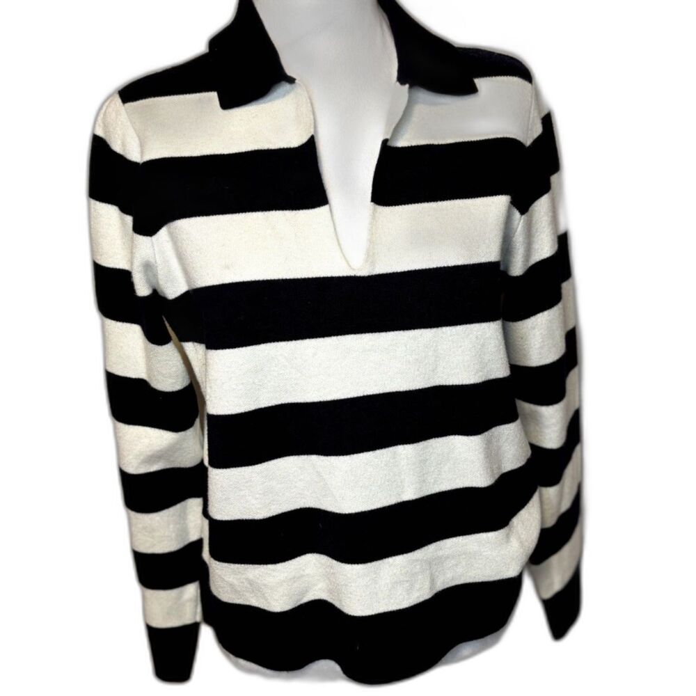 Tahari Striped Knit V-Neck Collared Long Sleeve Pullover Sweater Black White